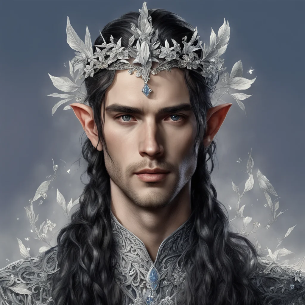 tolkien noble sindarin male elf with dark hair and braids with silver leaves and silver flowers encrusted with diamonds forming a silver elvish circlet with diamonds and 