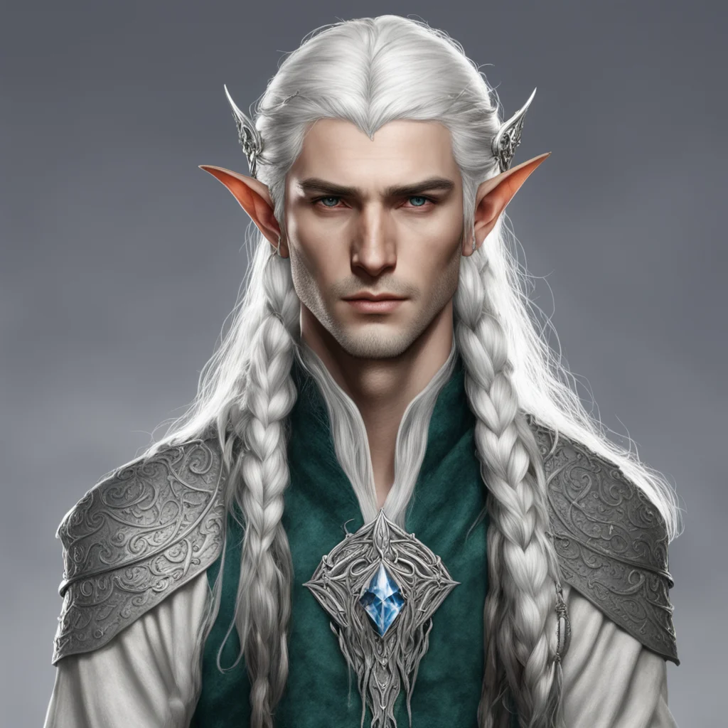 aitolkien noble sindarin male elf with white hair and braids wearing silver elvish circlet with center diamond