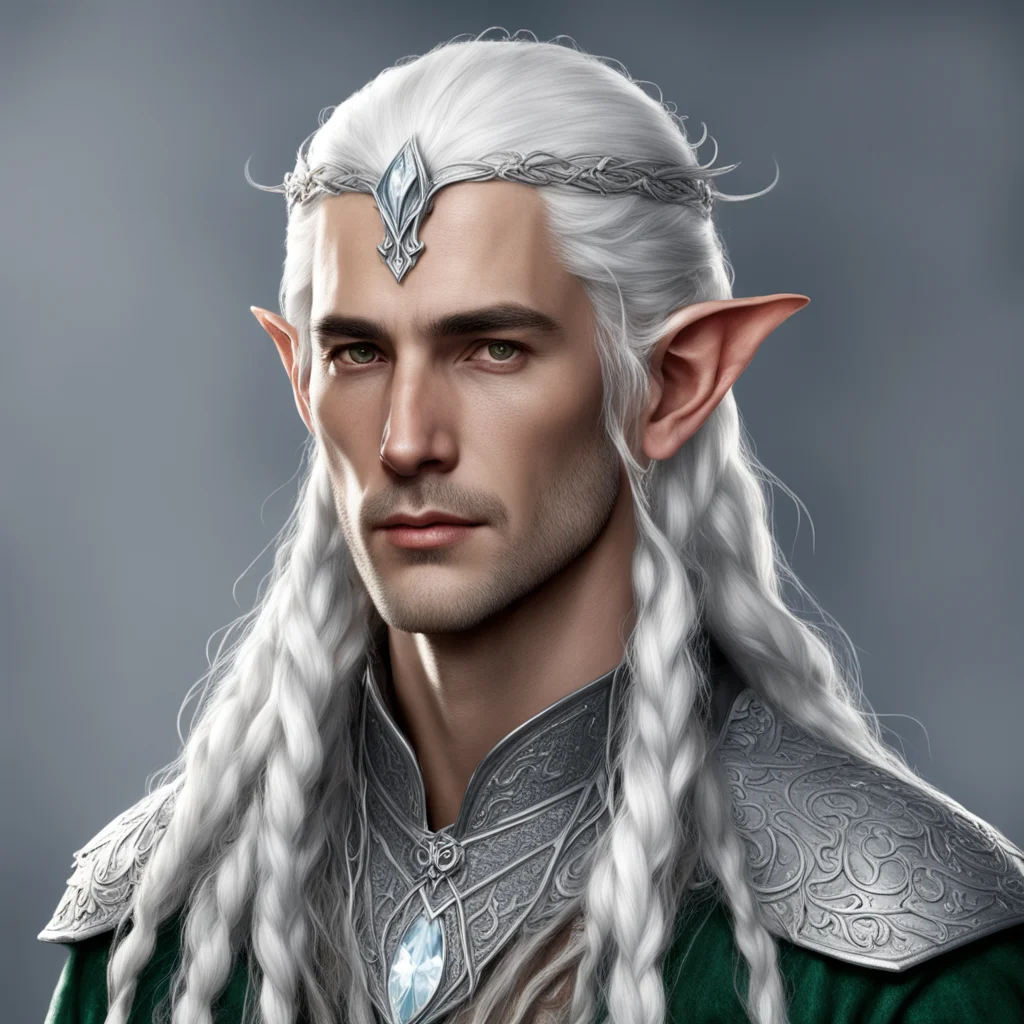 tolkien noble sindarin male elf with white hair and braids wearing silver elvish circlet with diamonds with large center diamond confident engaging wow artstation art 3