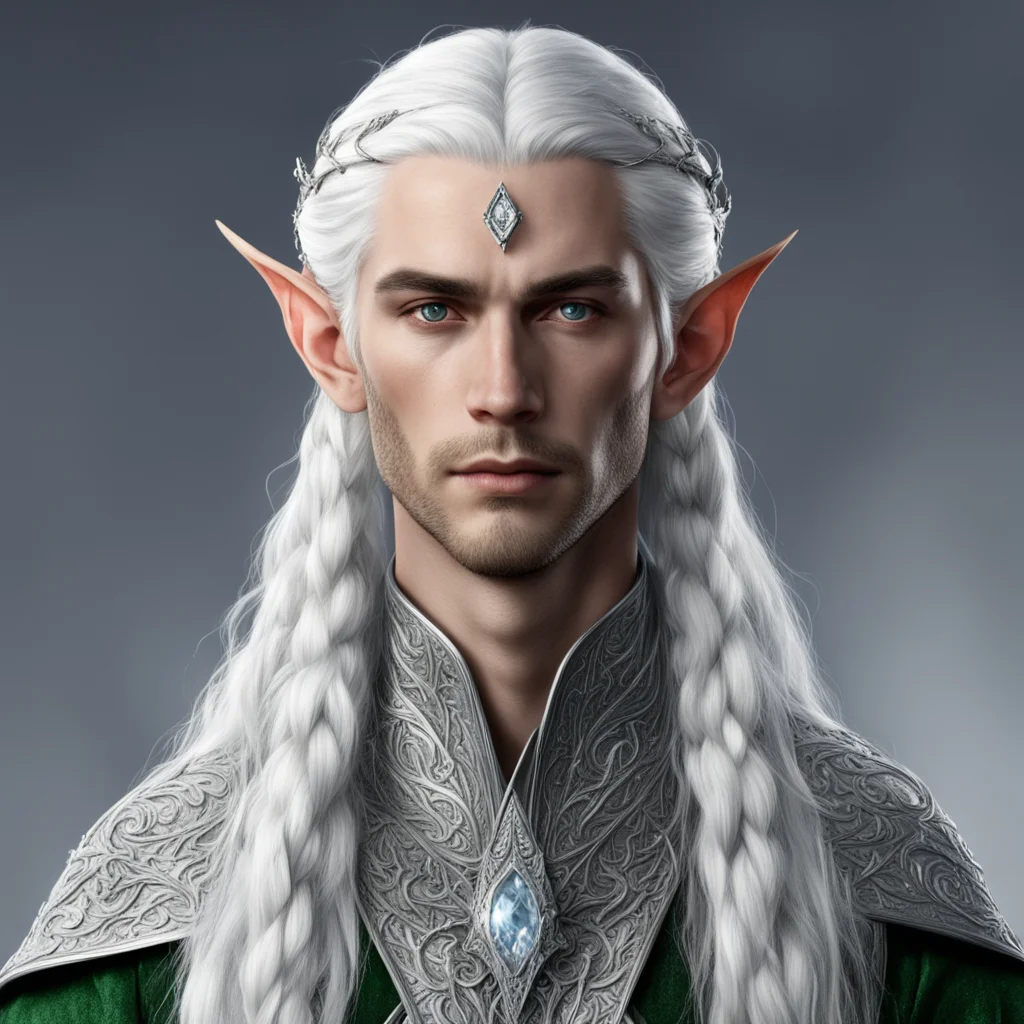 tolkien noble sindarin male elf with white hair and braids wearing silver elvish circlet with diamonds with large center diamond