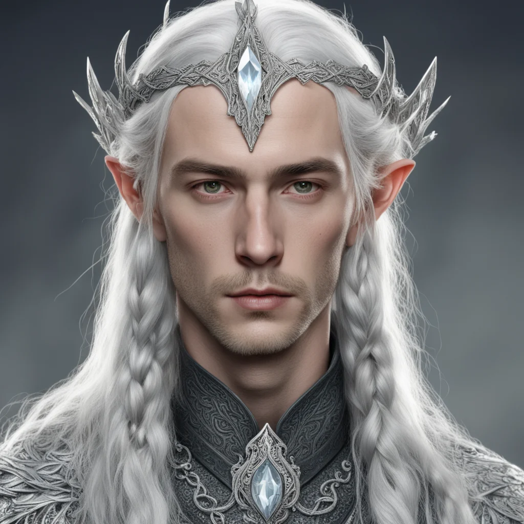 tolkien prince celeborn with silver hair and braids wearing silver elvish circlet encrusted with diamonds with large center diamond  amazing awesome portrait 2