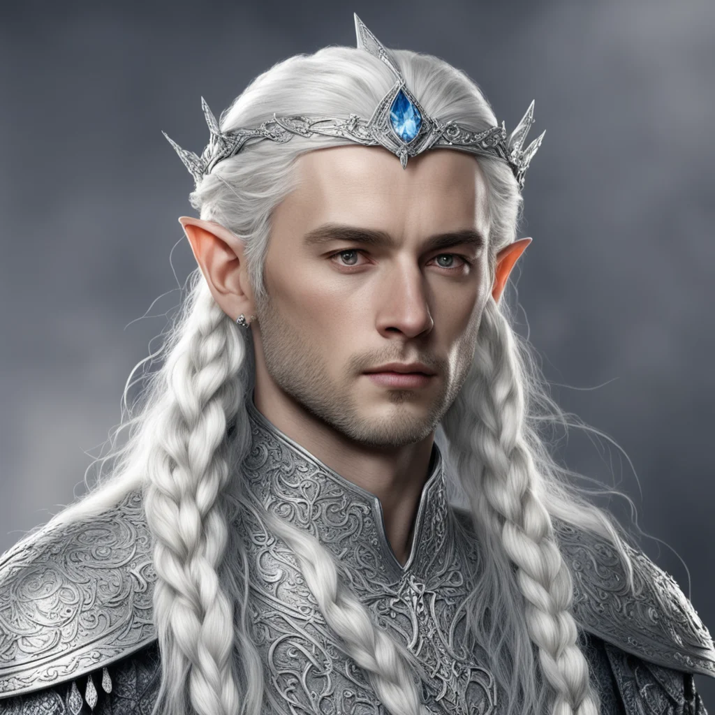 tolkien prince celeborn with silver hair and braids wearing silver elvish circlet encrusted with diamonds with large center diamond  confident engaging wow artstation art 3