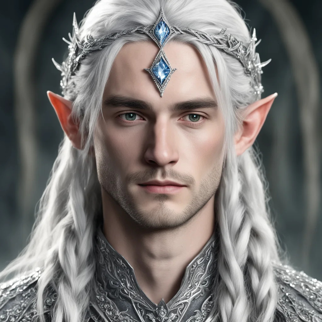 tolkien prince celeborn with silver hair and braids wearing silver elvish circlet encrusted with diamonds with large center diamond 