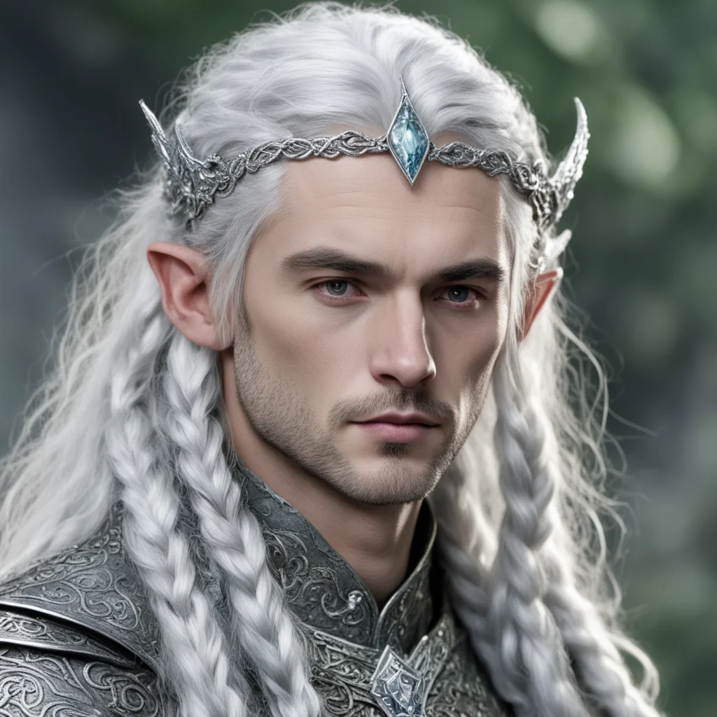 tolkien prince celeborn with silver hair and braids wearing silver serpentine elvish circlet encrusted with diamonds with large center diamond good looking trending fantastic 1