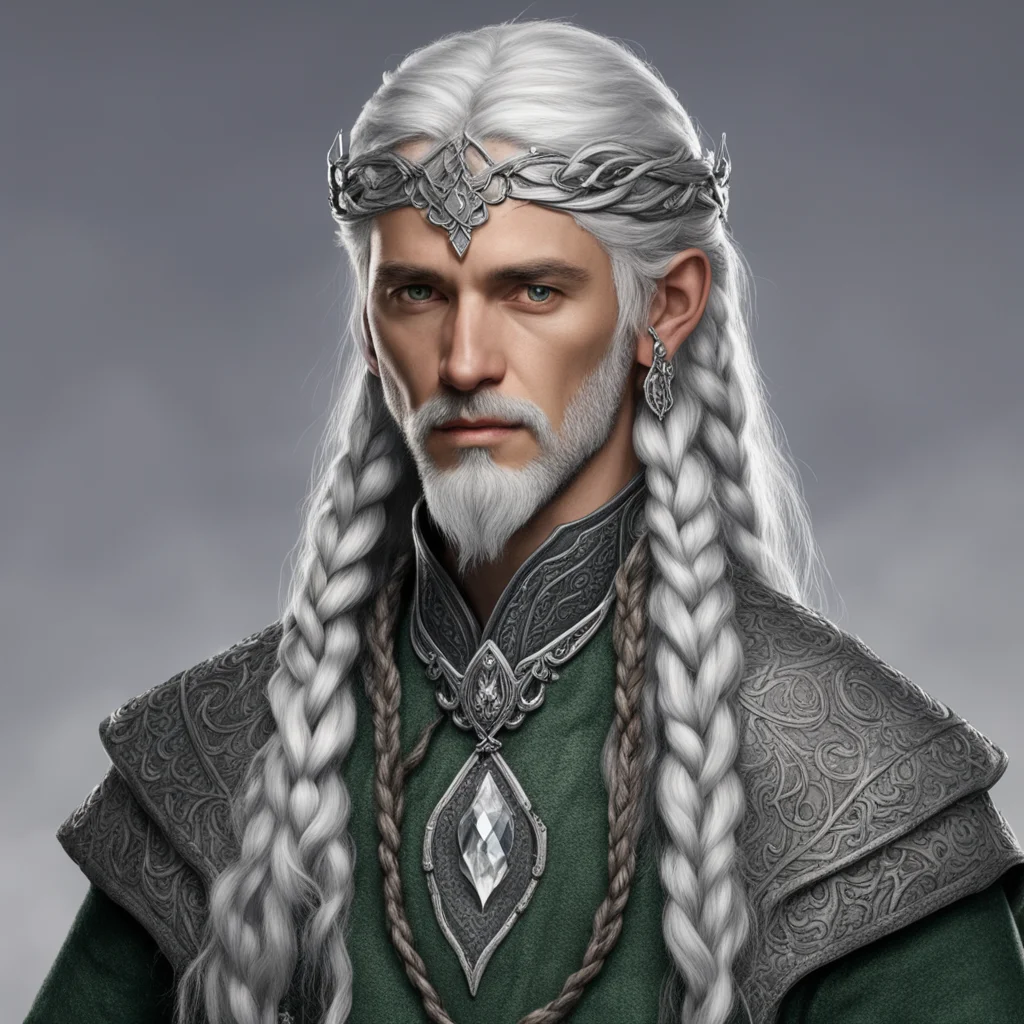 tolkien prince elmo with gray hair and braids wearing silver serpentine elvish circlet with large center diamond