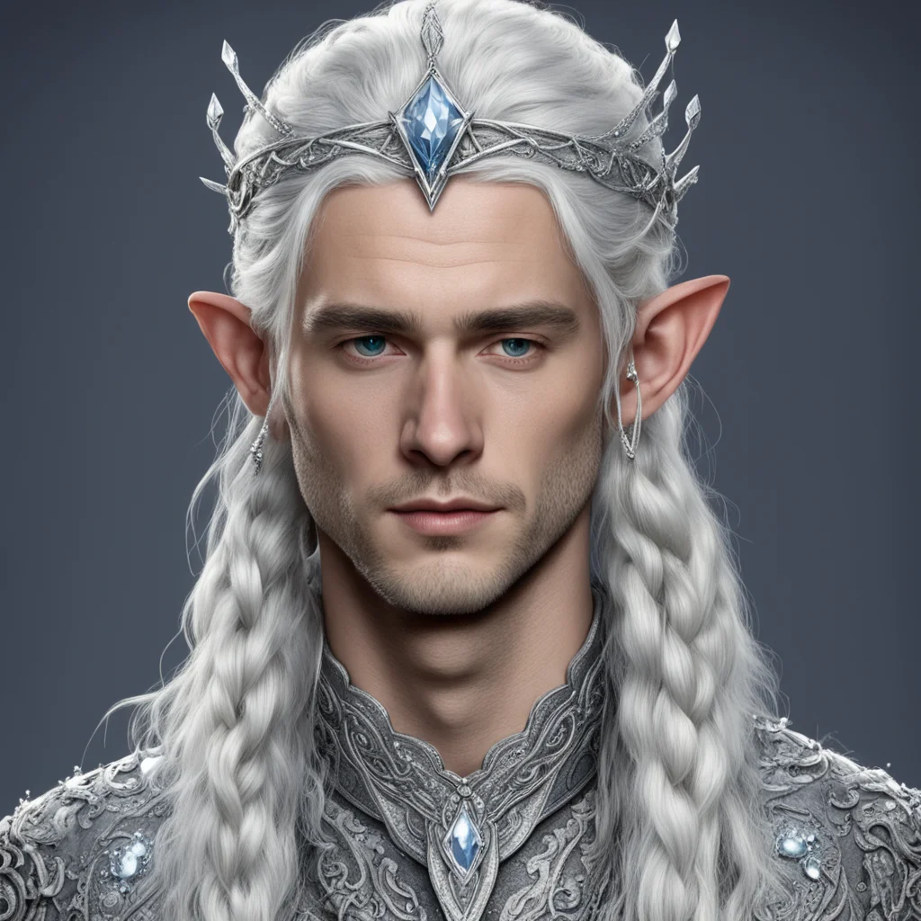 tolkien prince elmo with silver hair and braids wearing silver elvish circlet encrusted with diamonds and large center diamond  good looking trending fantastic 1