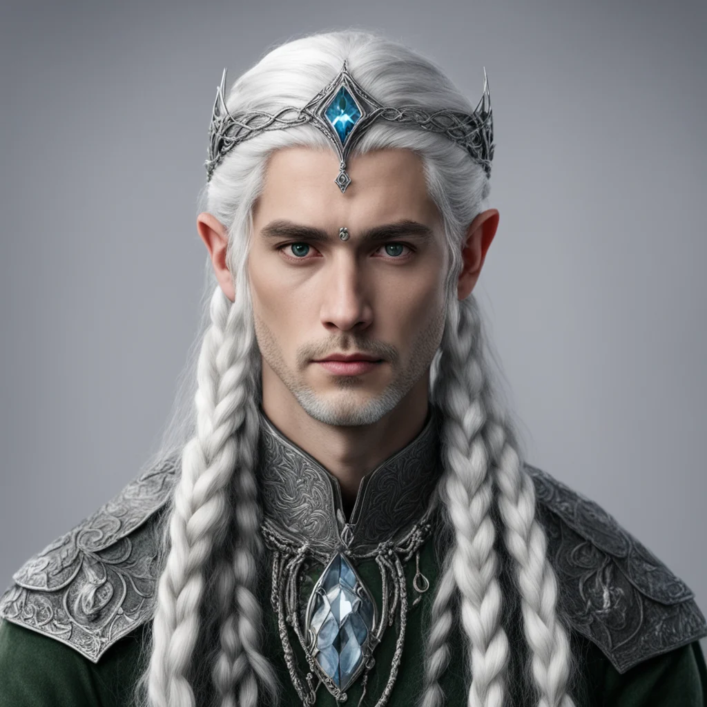 tolkien prince elmo with silver hair and braids wearing silver serpentine elvish circlet with large center diamond amazing awesome portrait 2