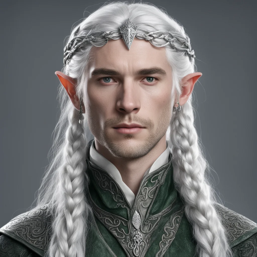 tolkien prince elmo with silver hair and braids wearing silver serpentine elvish circlet with large center diamond