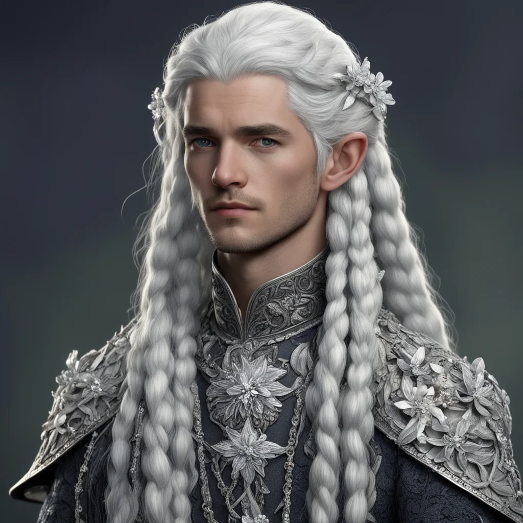tolkien prince elmo with silver hair and braids wearing silver twigs and silver flowers encrusted with diamonds with large center diamond  amazing awesome portrait 2