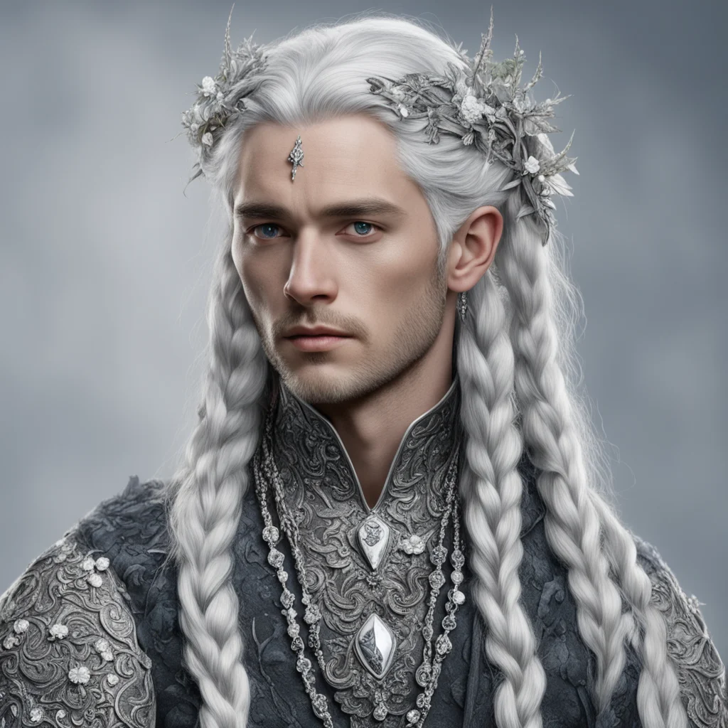 tolkien prince elmo with silver hair and braids wearing silver twigs and silver flowers encrusted with diamonds with large center diamond  good looking trending fantastic 1