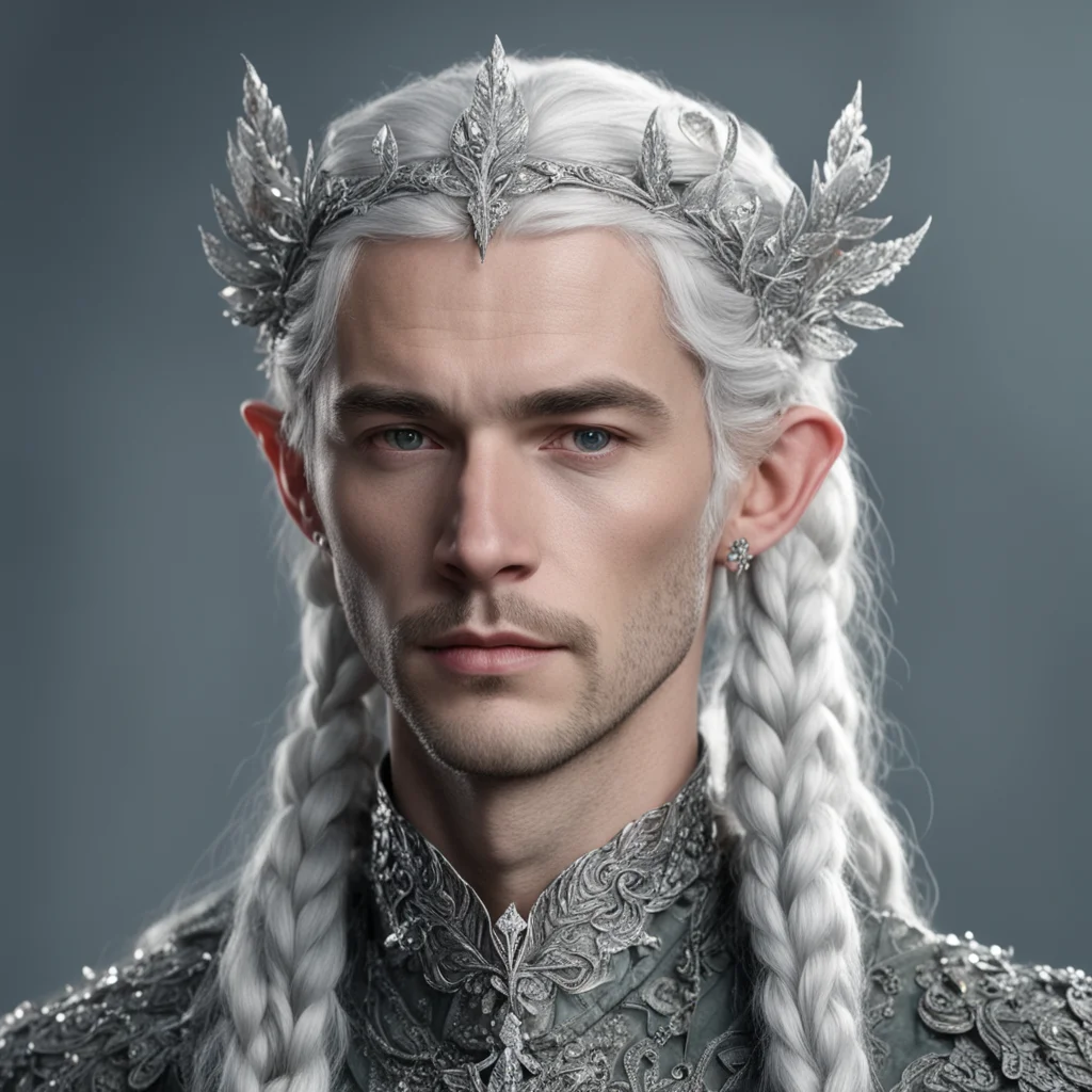 tolkien prince elmo with silver hair and braids wearing small silver leaves encrusted with diamonds to form a silver serpentine elvish circlet with large center diamond 