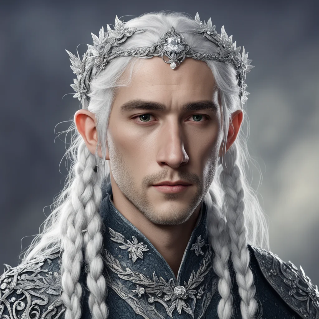 tolkien prince elmo with silver hair with braids wearing silver flower elvish circlet encrusted with dimonds 