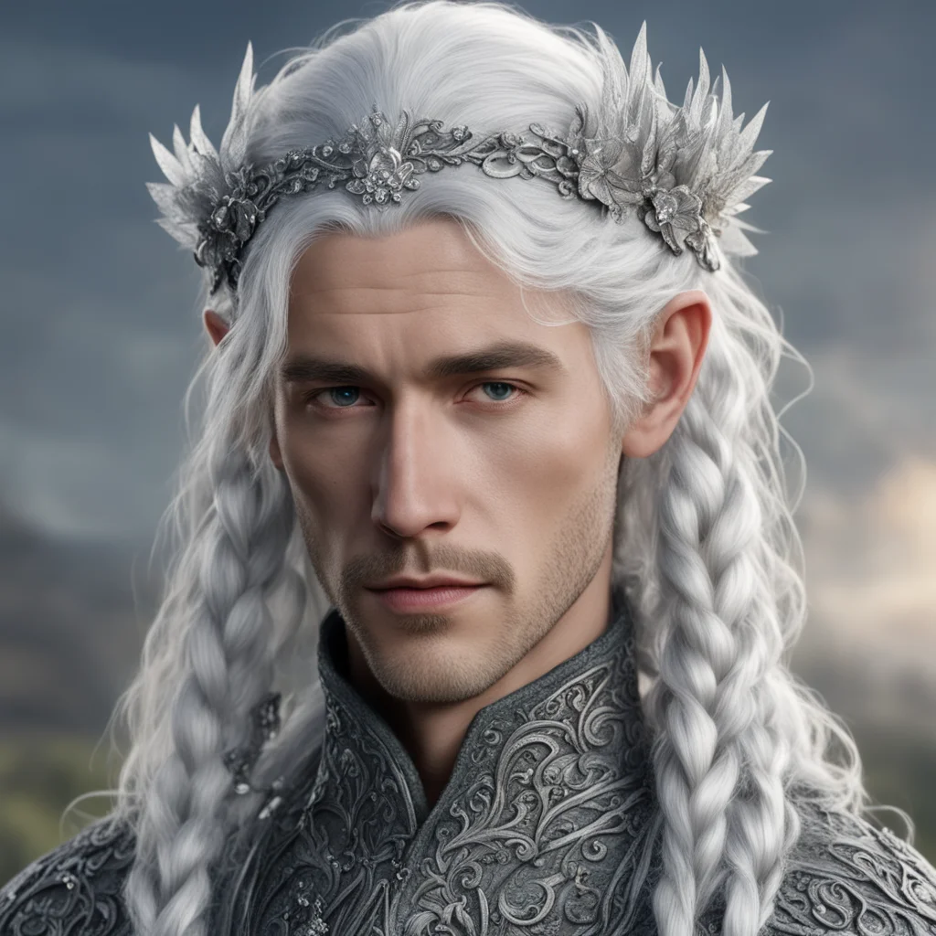 tolkien prince elmo with silver hair with braids wearing silver flower elvish circlet encrusted with dimonds amazing awesome portrait 2