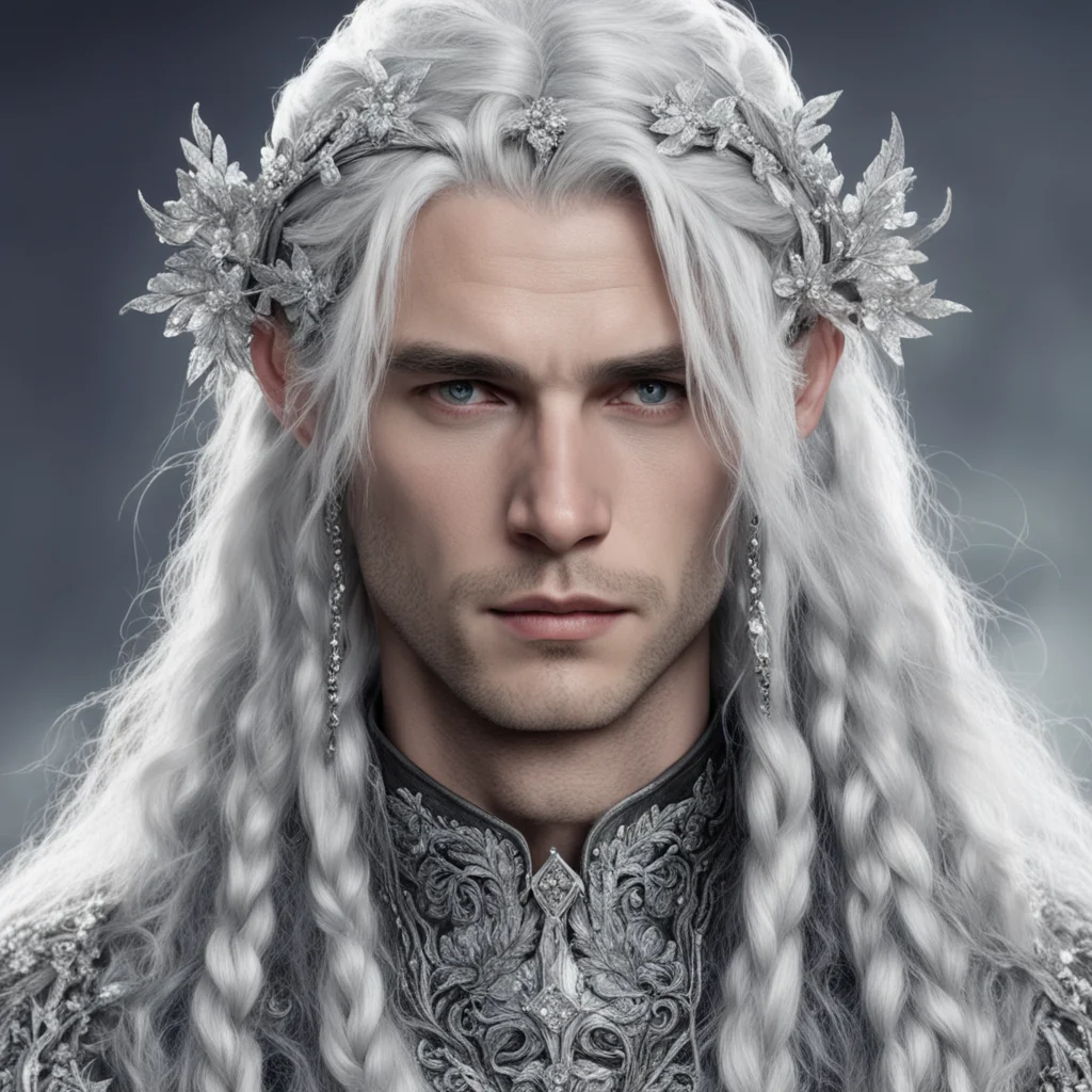 tolkien prince galathil with silver hair and braids wearing silver flowers encrusted with diamonds to form silver elvish circlet with large center diamond good looking trending fantastic 1