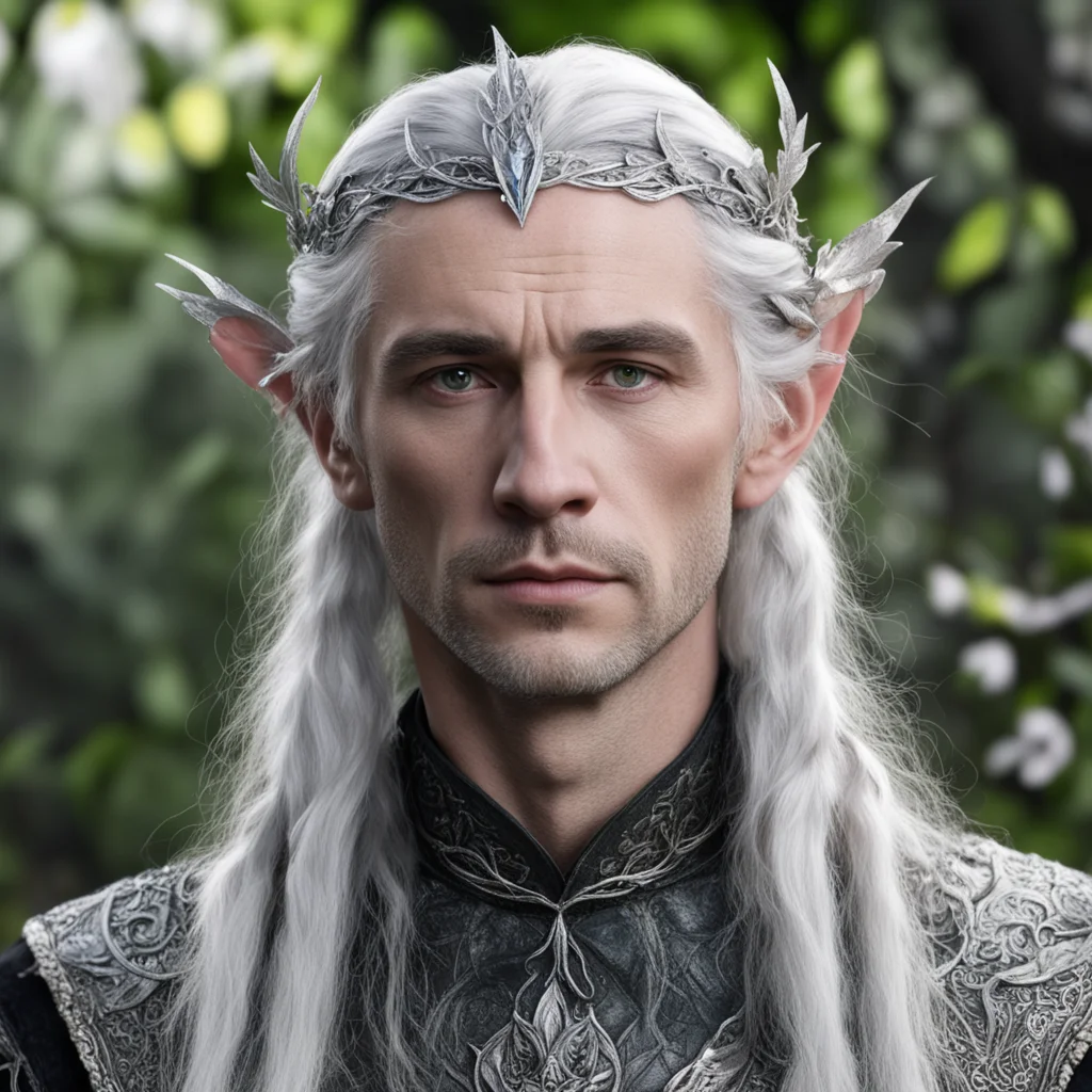 tolkien prince galathil with silver hair with braids wearing small silver oak leaf elven circlet with diamonds good looking trending fantastic 1