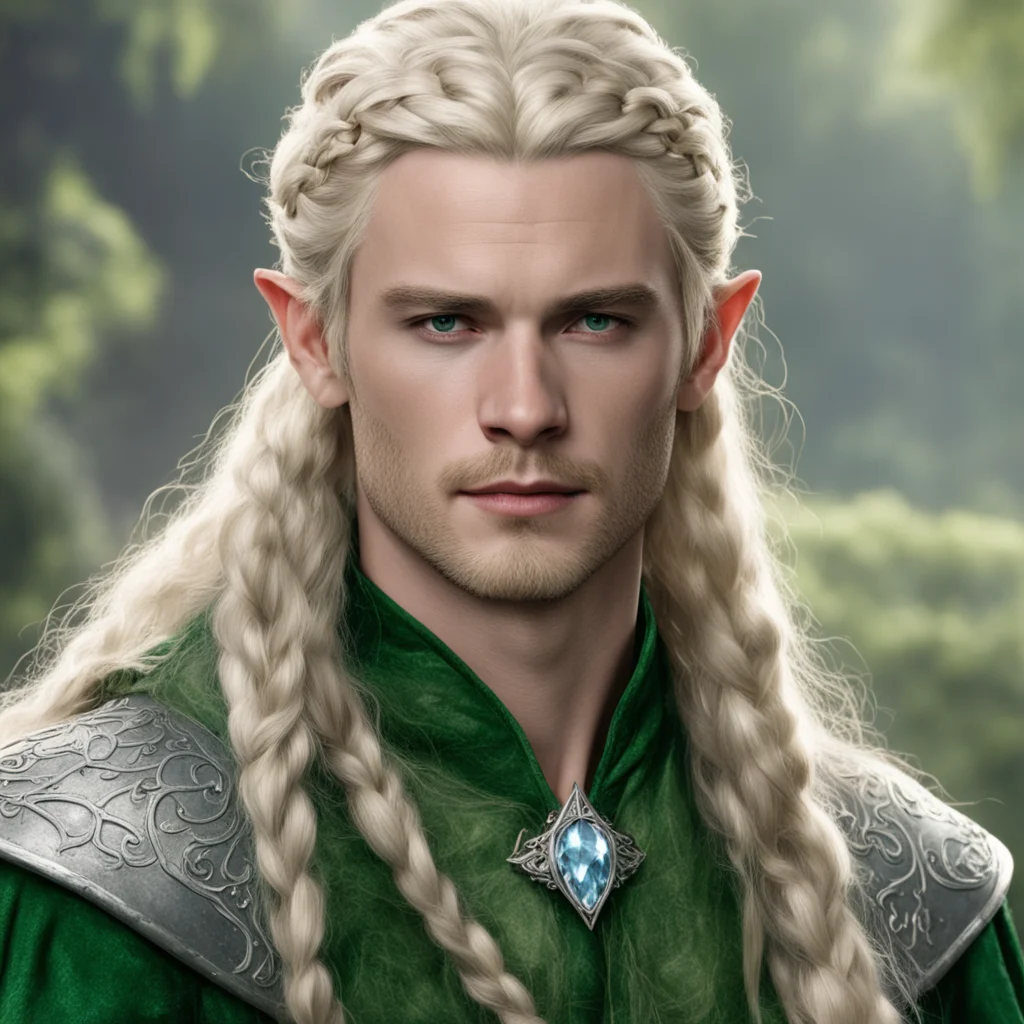 tolkien prince legolas with blond hair and braids wearing silver serpentine elvish circlet with large center diamond wearing royal sindarin clothing amazing awesome portrait 2