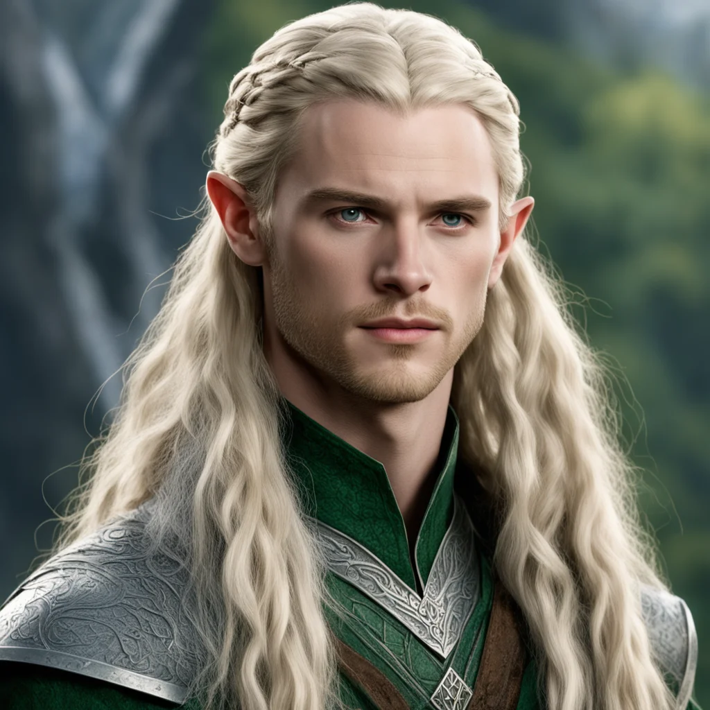 aitolkien prince legolas with blond hair and braids wearing silver serpentine elvish circlet with large center diamond wearing royal sindarin clothing good looking trending fantastic 1
