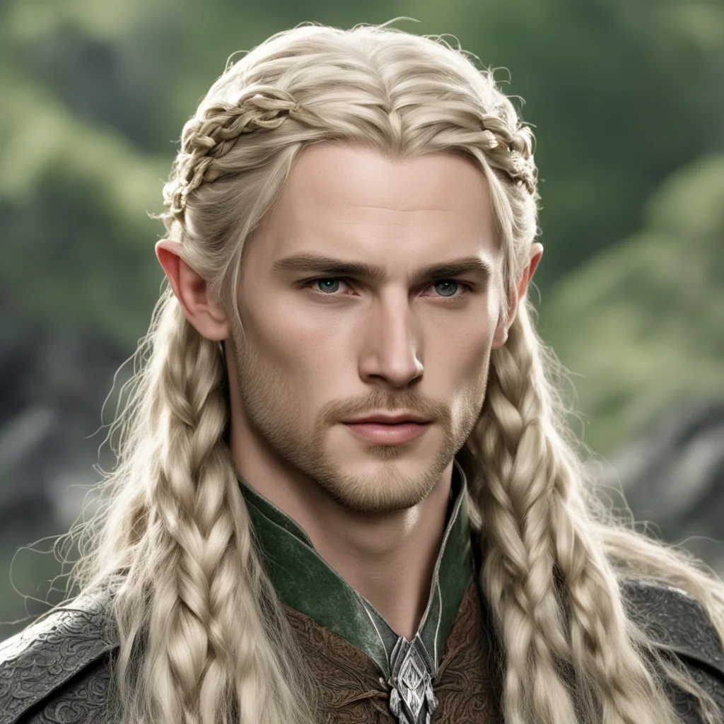 tolkien prince legolas with blond hair and braids wearing silver sindarin elvish circlet with large center diamond good looking trending fantastic 1