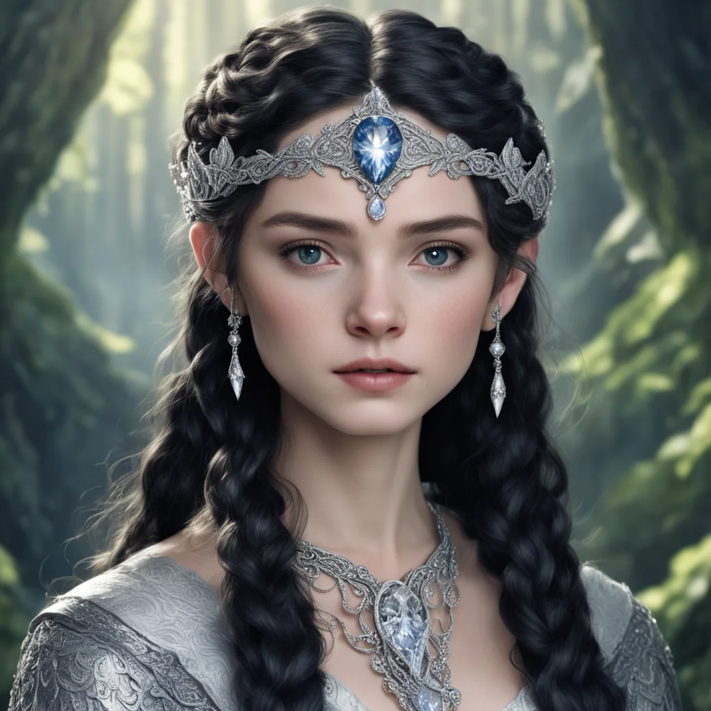 tolkien princess luthien with dark hair and braids wearing silver elvish circlet encrusted with diamonds with large center diamond  confident engaging wow artstation art 3
