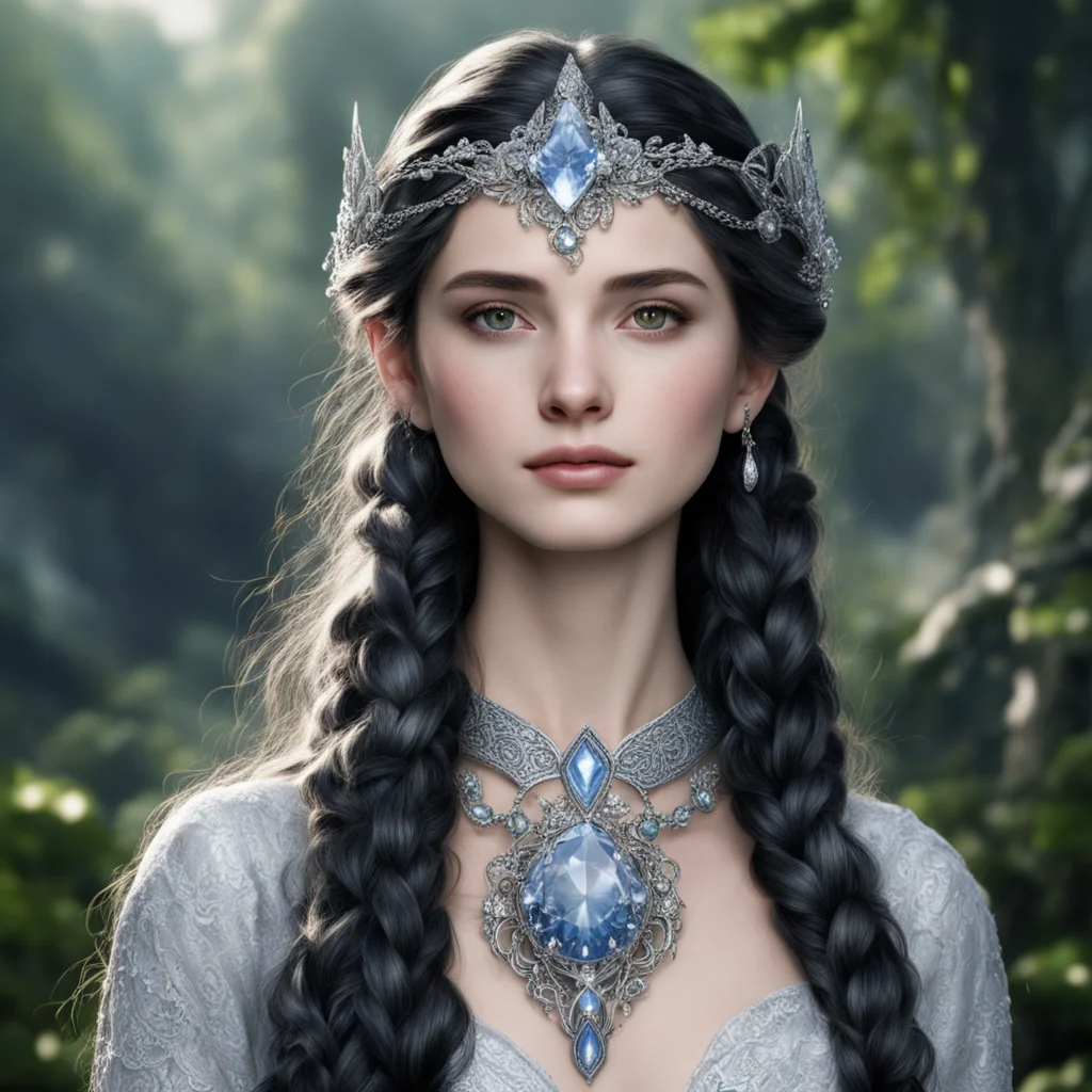 tolkien princess luthien with dark hair and braids wearing silver elvish circlet encrusted with diamonds with large center diamond  good looking trending fantastic 1