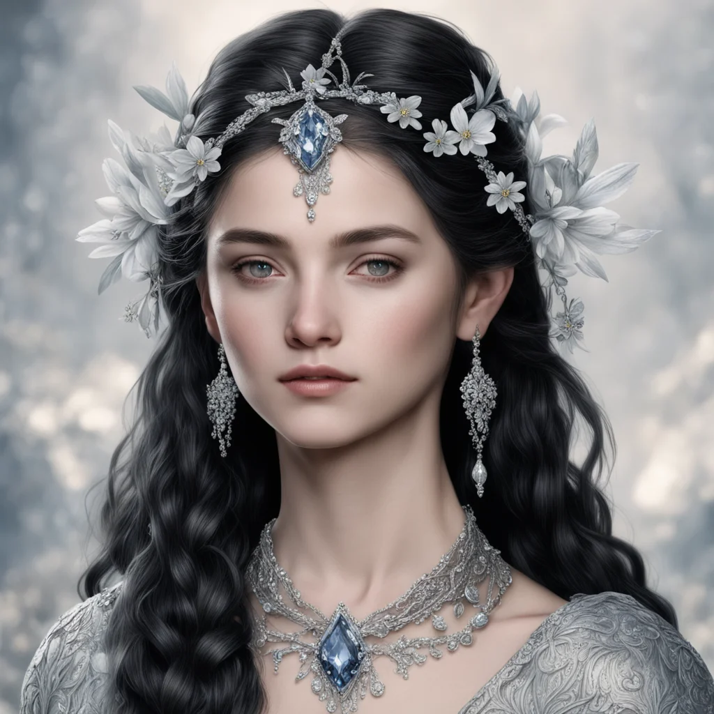 tolkien princess luthien with dark hair and braids wearing small silver flowers encrusted with diamonds to form a silver elvish circlet wirh large center diamond amazing awesome portrait 2