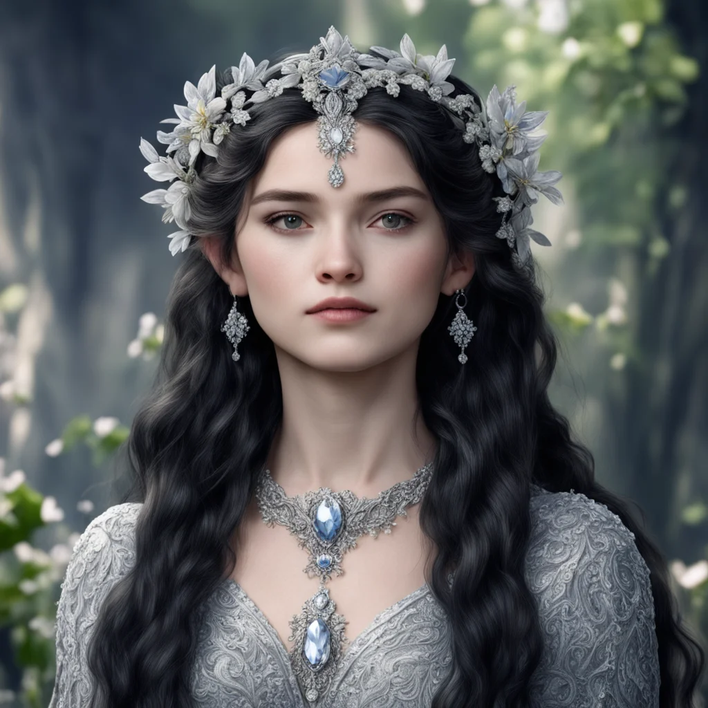 tolkien princess luthien with dark hair and braids wearing small silver flowers encrusted with diamonds to form a silver elvish circlet wirh large center diamond