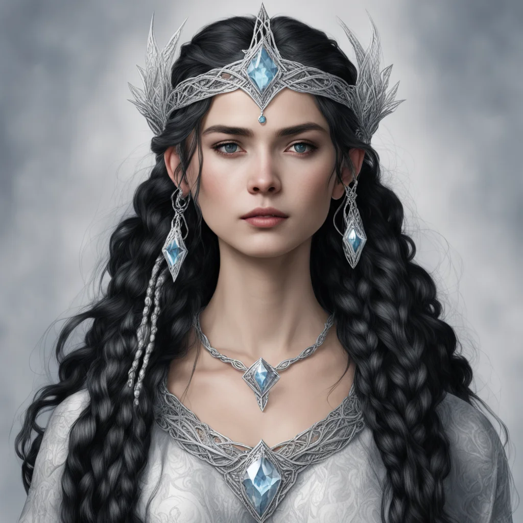 tolkien queen melian the maia with dark hair and braids wearing a silver sindarin elvish circlet with large center diamond  amazing awesome portrait 2