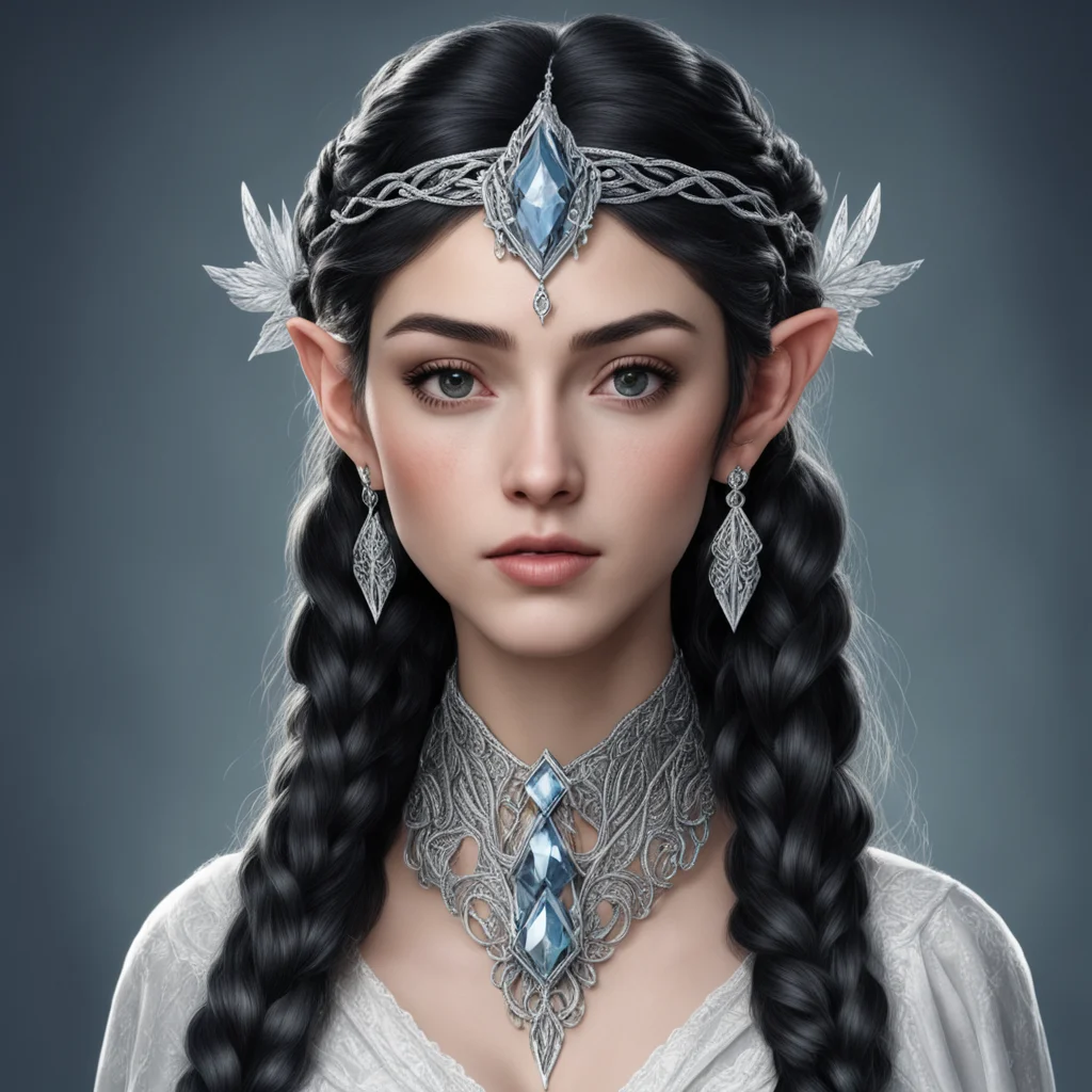 tolkien queen melian the maia with dark hair and braids wearing a silver sindarin elvish circlet with large center diamond  confident engaging wow artstation art 3
