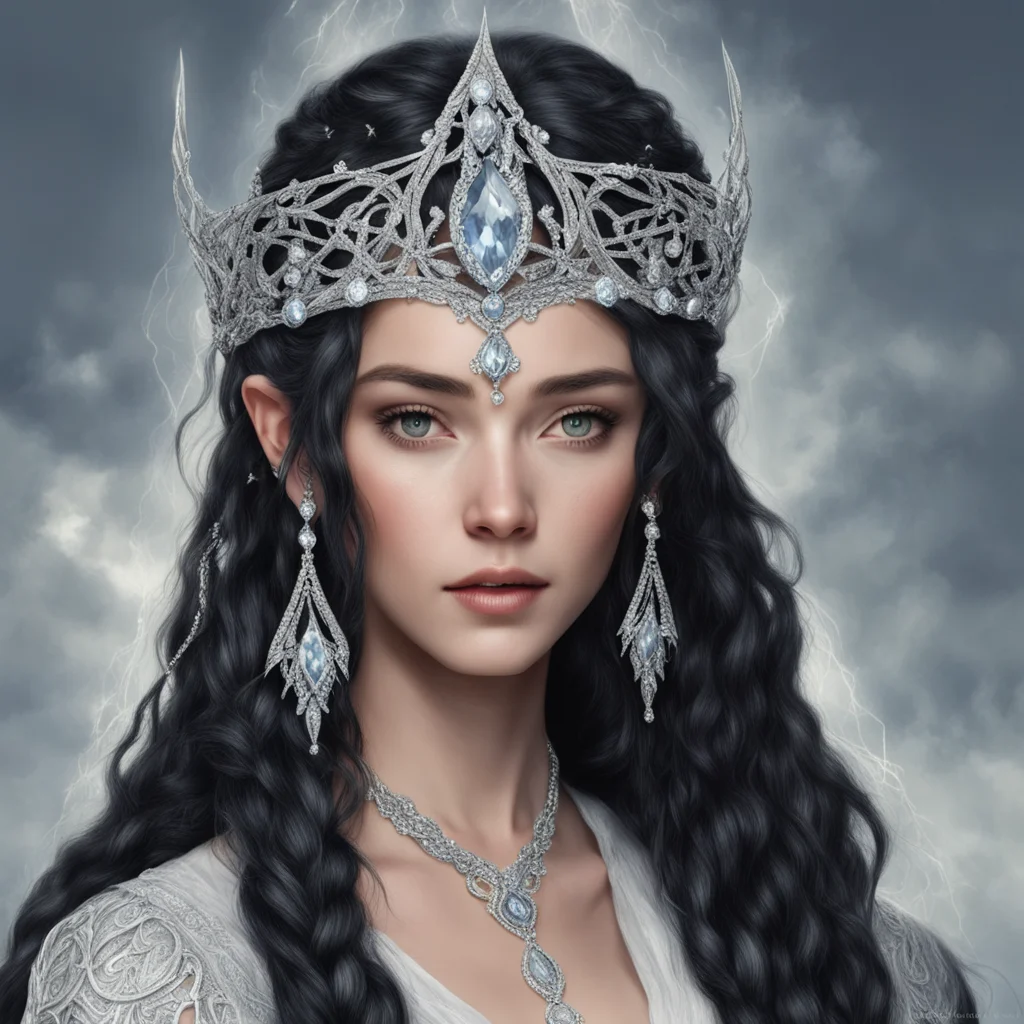 tolkien queen melian the maia with dark hair and braids wearing silver elvish circlet encrusted with diamonds with large center diamond amazing awesome portrait 2