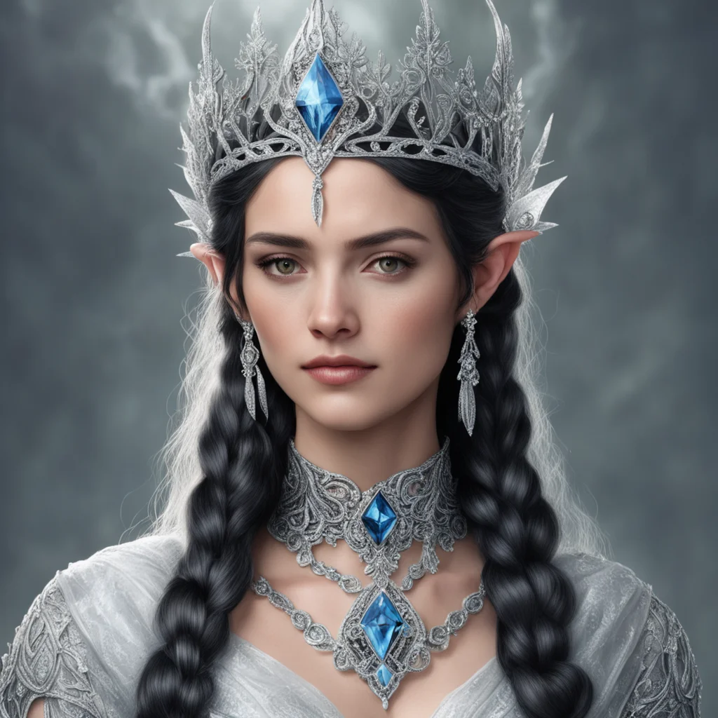 tolkien queen melian the maia with dark hair and braids wearing silver elvish circlet encrusted with diamonds with large center diamond confident engaging wow artstation art 3