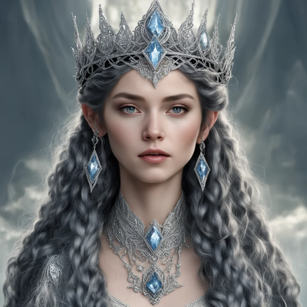 tolkien queen melian the maia with dark hair and braids wearing silver elvish circlet encrusted with diamonds with large center diamond