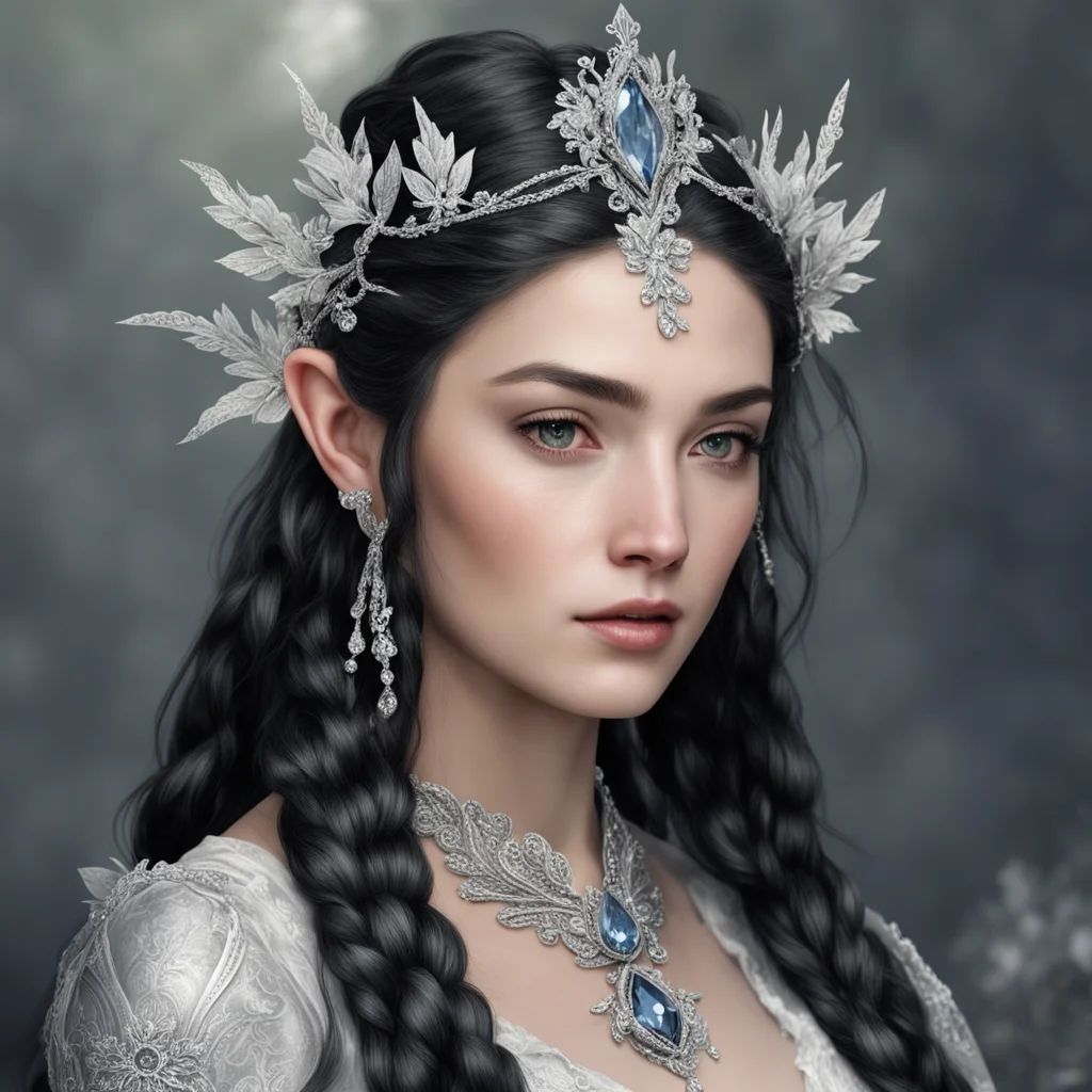 tolkien queen melian with dark hair and braids wearing silver flowers encrusted with diamonds to form a silver elvish circlet with center diamond amazing awesome portrait 2