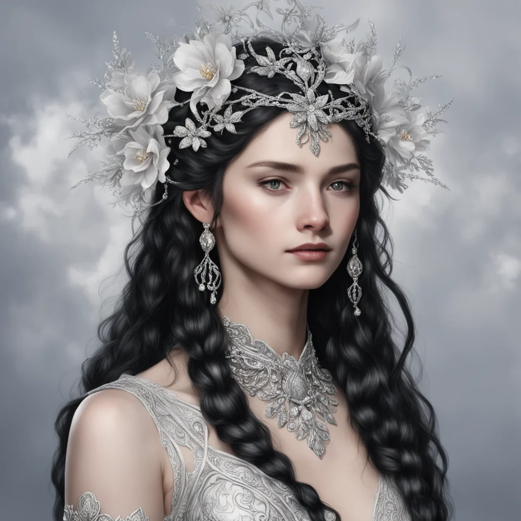 tolkien queen melian with dark hair and braids wearing silver flowers encrusted with diamonds to form a silver elvish circlet with center diamond good looking trending fantastic 1
