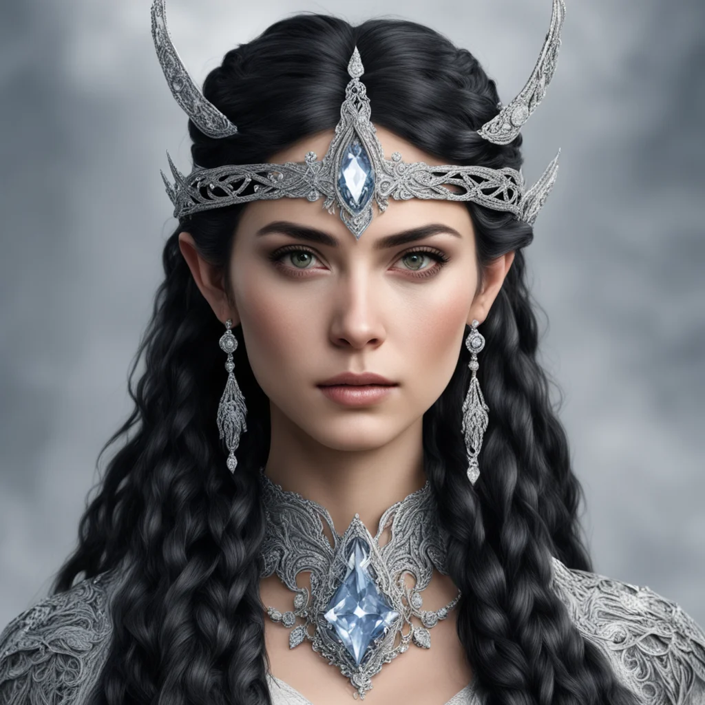 tolkien queen melina the maia with dark hair and braids wearing silver elvish circlet encrusted with diamonds with large center diamond amazing awesome portrait 2