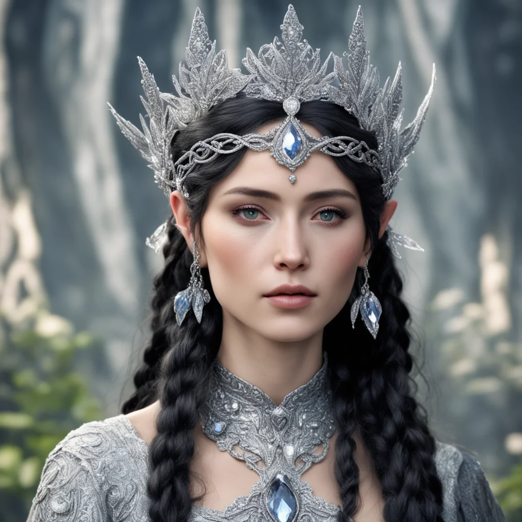 tolkien queen melina the maia with dark hair and braids wearing silver elvish circlet encrusted with diamonds with large center diamond