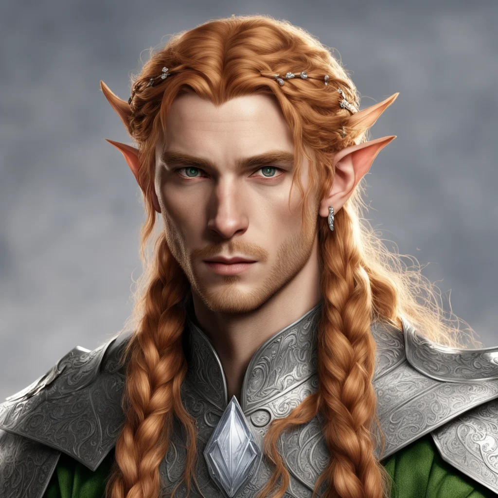 tolkien sindarin male elf with reddish blond hair and braids wearing a silver elvish circlet with diamonds with large center diamond good looking trending fantastic 1