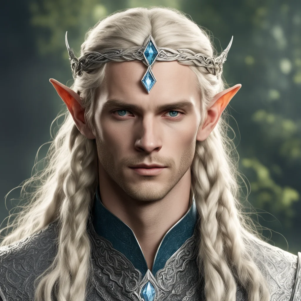 tolkien sindarin noble male elf with blond hair and braids wearing silver serpentine sindarin elvish circlet with diamonds with center diamond  confident engaging wow artstation art 3