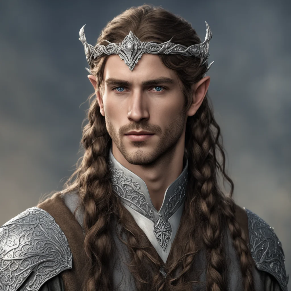 tolkien sindarin noble male elf with brown hair and braids wearing silver serpentine sindarin elvish circlet with diamonds with center diamond  amazing awesome portrait 2