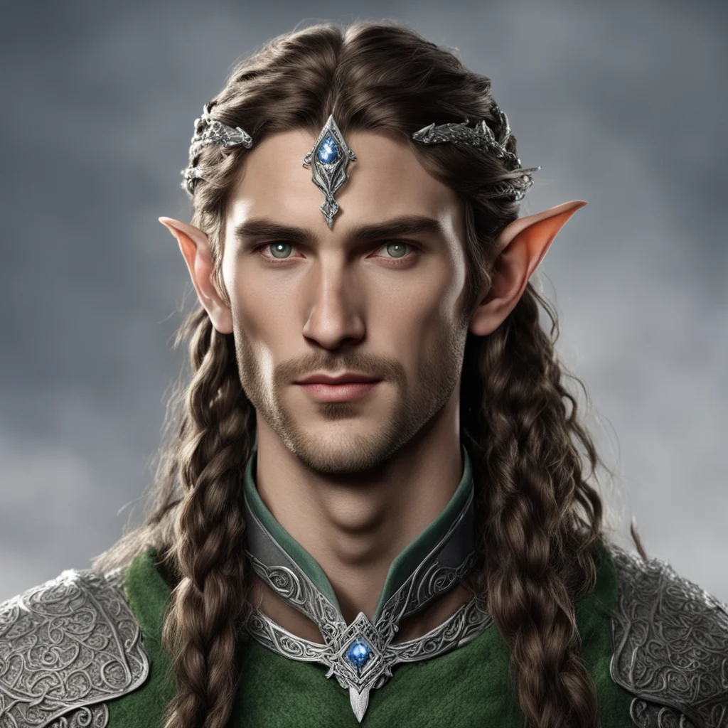 tolkien sindarin noble male elf with brown hair and braids wearing silver serpentine sindarin elvish circlet with diamonds with center diamond  confident engaging wow artstation art 3