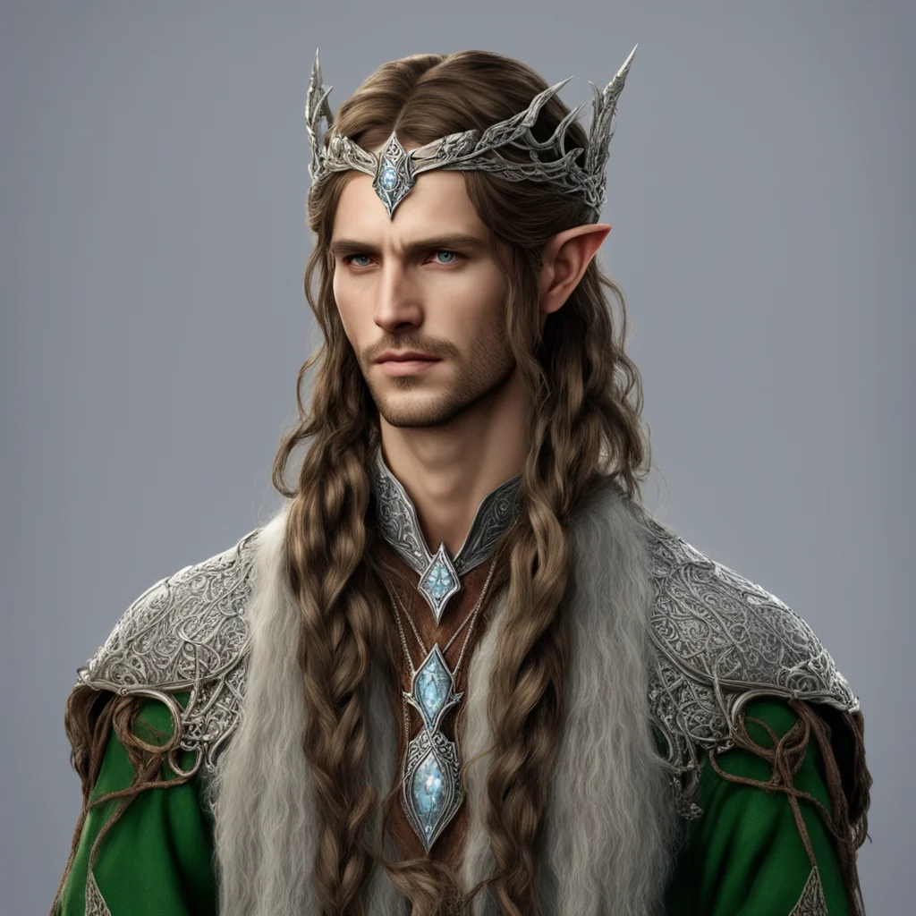 tolkien sindarin noble male elf with brown hair and braids wearing silver serpentine sindarin elvish circlet with diamonds with center diamond 