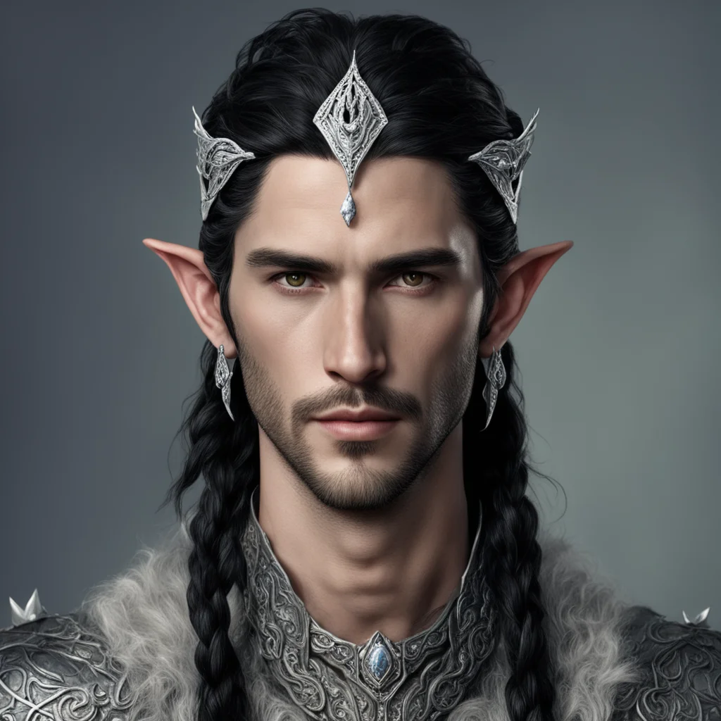 tolkien sindarin noble male elf with dark hair and braids wearing silver serpentine sindarin elvish circlet with diamonds with center diamond  confident engaging wow artstation art 3