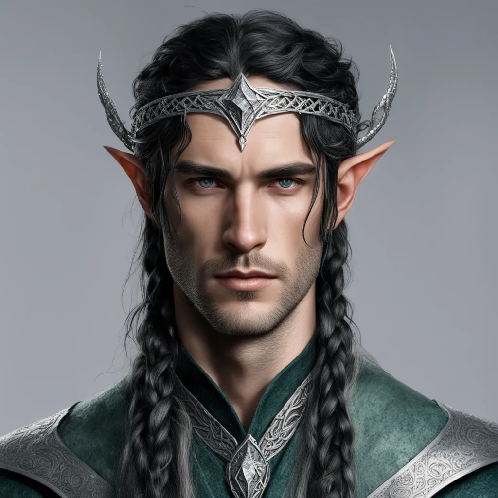 tolkien sindarin noble male elf with dark hair and braids wearing silver serpentine sindarin elvish circlet with diamonds with center diamond  good looking trending fantastic 1