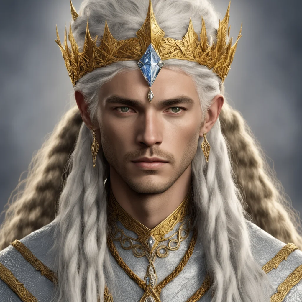 tolkien vanyarin king ingwe with golden hair and braids with light skin and golden eyes wearing gold and silver elvish circlet with diamonds with large center diamond amazing awesome portrait 2