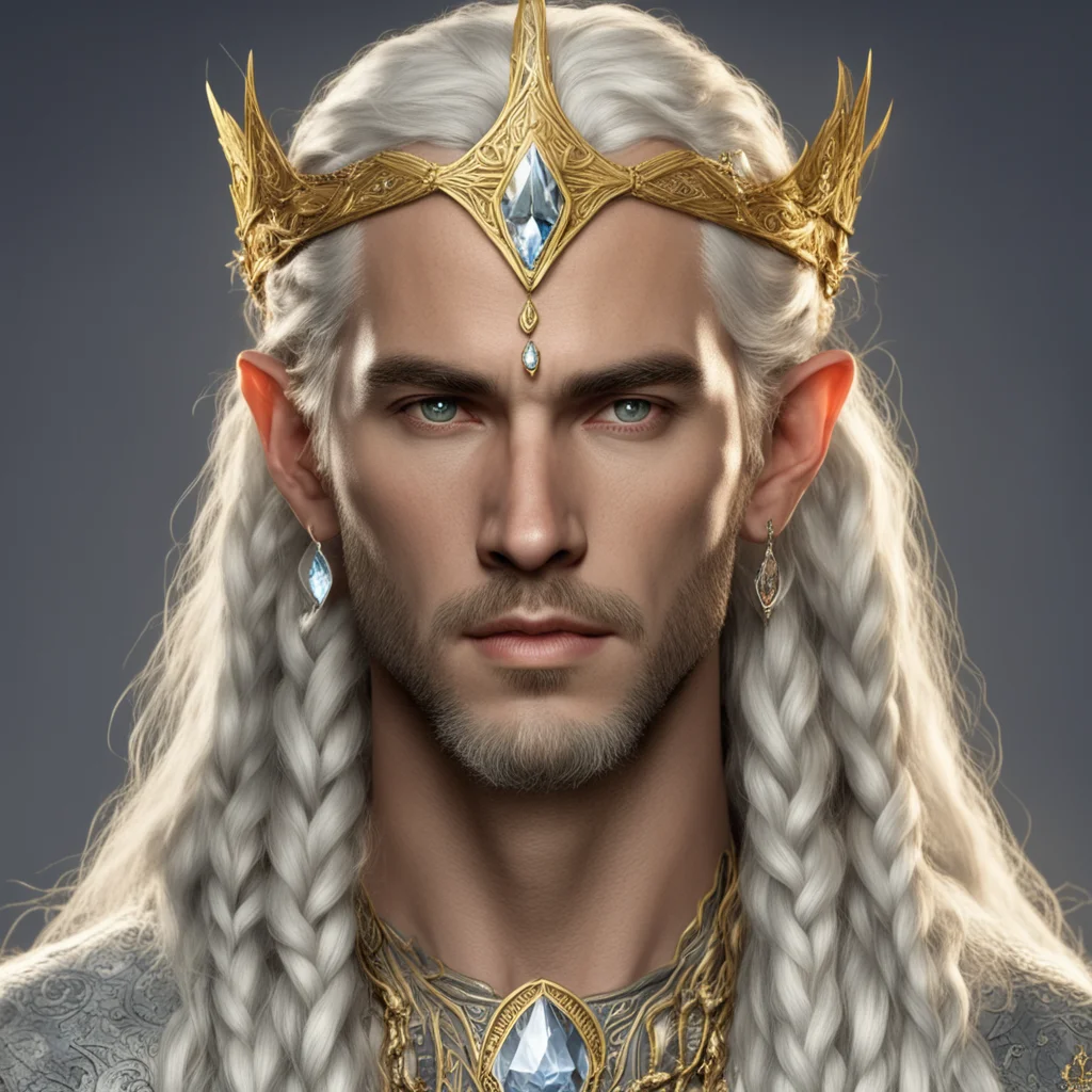tolkien vanyarin king ingwe with golden hair and braids with light skin and golden eyes wearing gold and silver elvish circlet with diamonds with large center diamond
