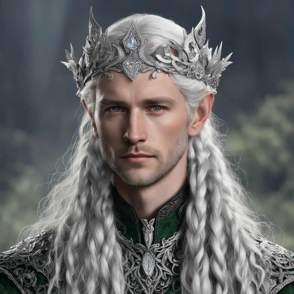 tolkien young king olwe with silver hair with braids wearing silver flower elvish circlet encrusted with diamonds amazing awesome portrait 2