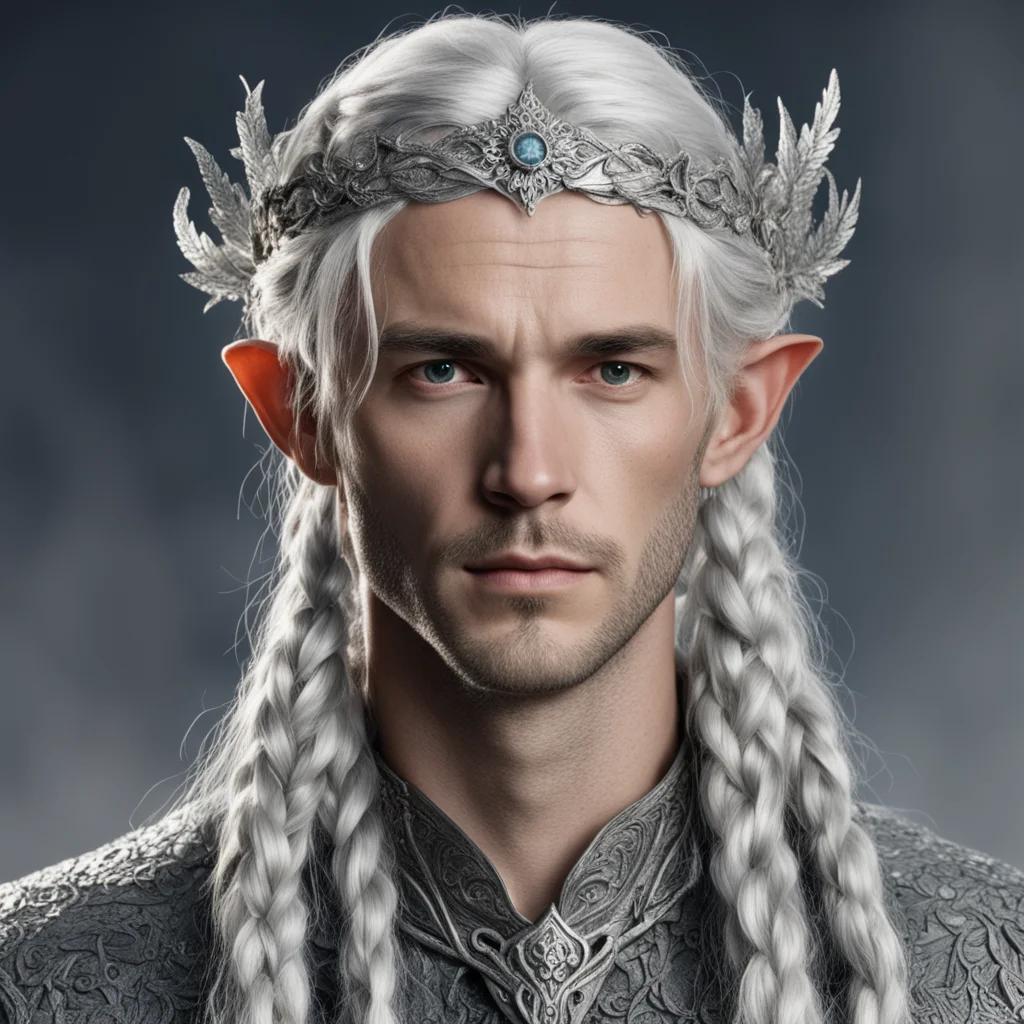 tolkien young king olwe with silver hair with braids wearing silver flower elvish circlet encrusted with diamonds confident engaging wow artstation art 3