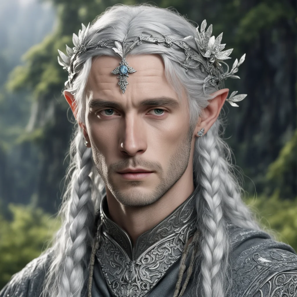 tolkien young king olwe with silver hair with braids wearing silver flower elvish circlet encrusted with diamonds good looking trending fantastic 1
