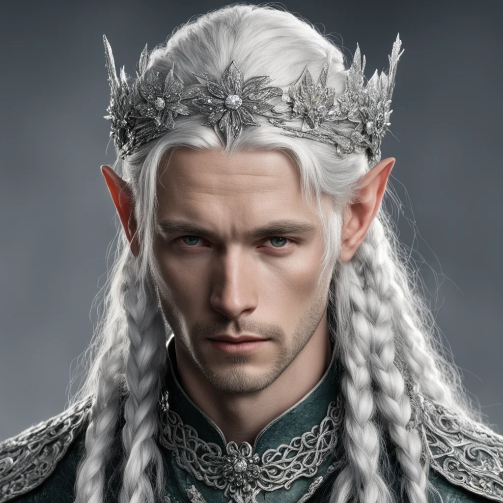 tolkien young king olwe with silver hair with braids wearing silver flower elvish circlet encrusted with diamonds