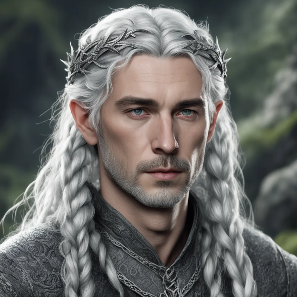 tolkien young king olwe with silver hair with braids wearing silver sindarin elvish circlet with diamonds confident engaging wow artstation art 3