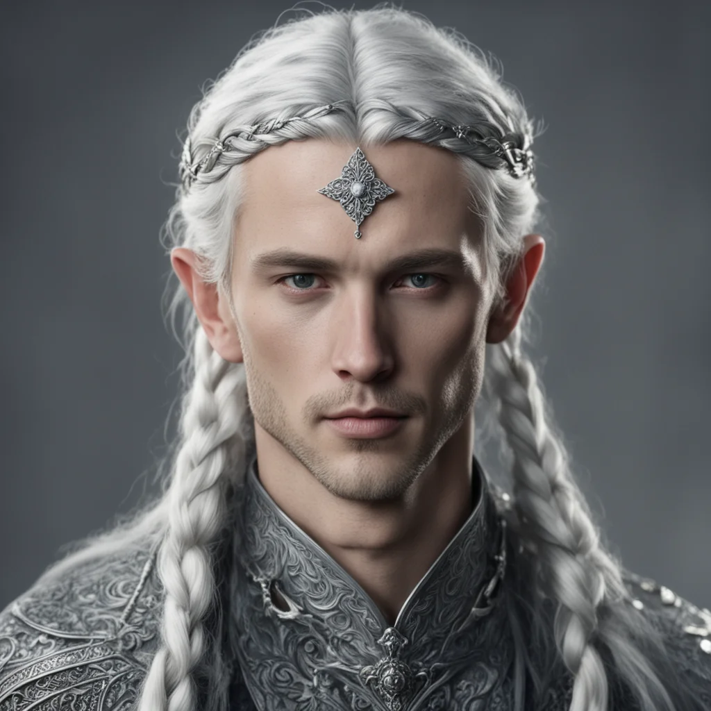 tolkien young king olwe with silver hair with braids wearing silver sindarin elvish circlet with diamonds good looking trending fantastic 1